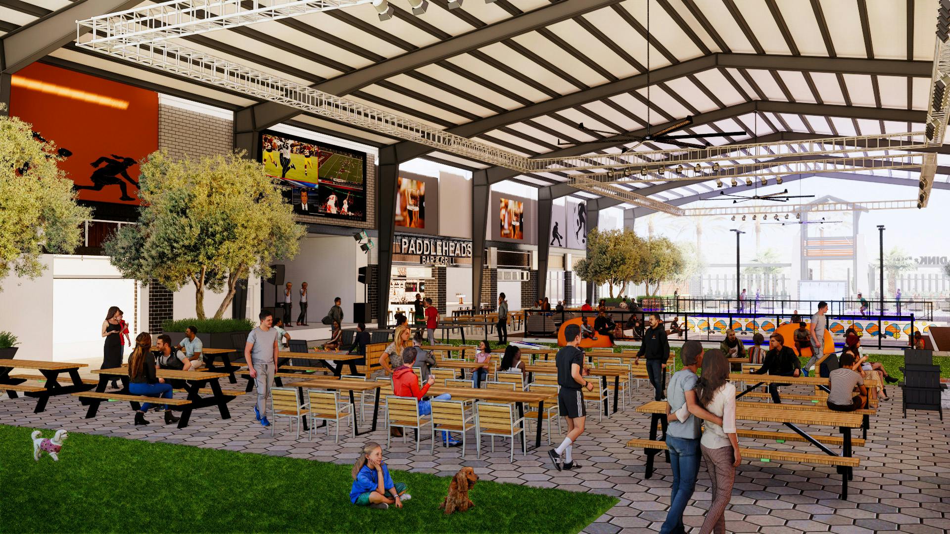 Dink & Dine is a &ldquo;sportstainment&rdquo; venue that combines culinary offerings with indoor and outdoor pickleball courts. Rendering courtesy AO