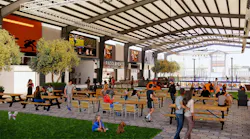 Dink & Dine is a “sportstainment” venue that combines culinary offerings with indoor and outdoor pickleball courts. Rendering courtesy AO