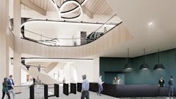 The State of Michigan's public health lab demonstrates sustainability by utilizing geothermal wells and electrification. The flow of people, visitors, lab workers, and samples is meticulously planned to ensure efficiency and safety. Energy efficiency strategies include ice storage, geothermal heating/cooling, cross-laminated timber envelope backup, and advanced building control systems. The State of Michigan's public health lab demonstrates sustainability by utilizing geothermal wells and electrification. The flow of people, visitors, lab workers, and samples is meticulously planned to ensure efficiency and safety. Energy efficiency strategies include ice storage, geothermal heating/cooling, cross-laminated timber envelope backup, and advanced building control systems.