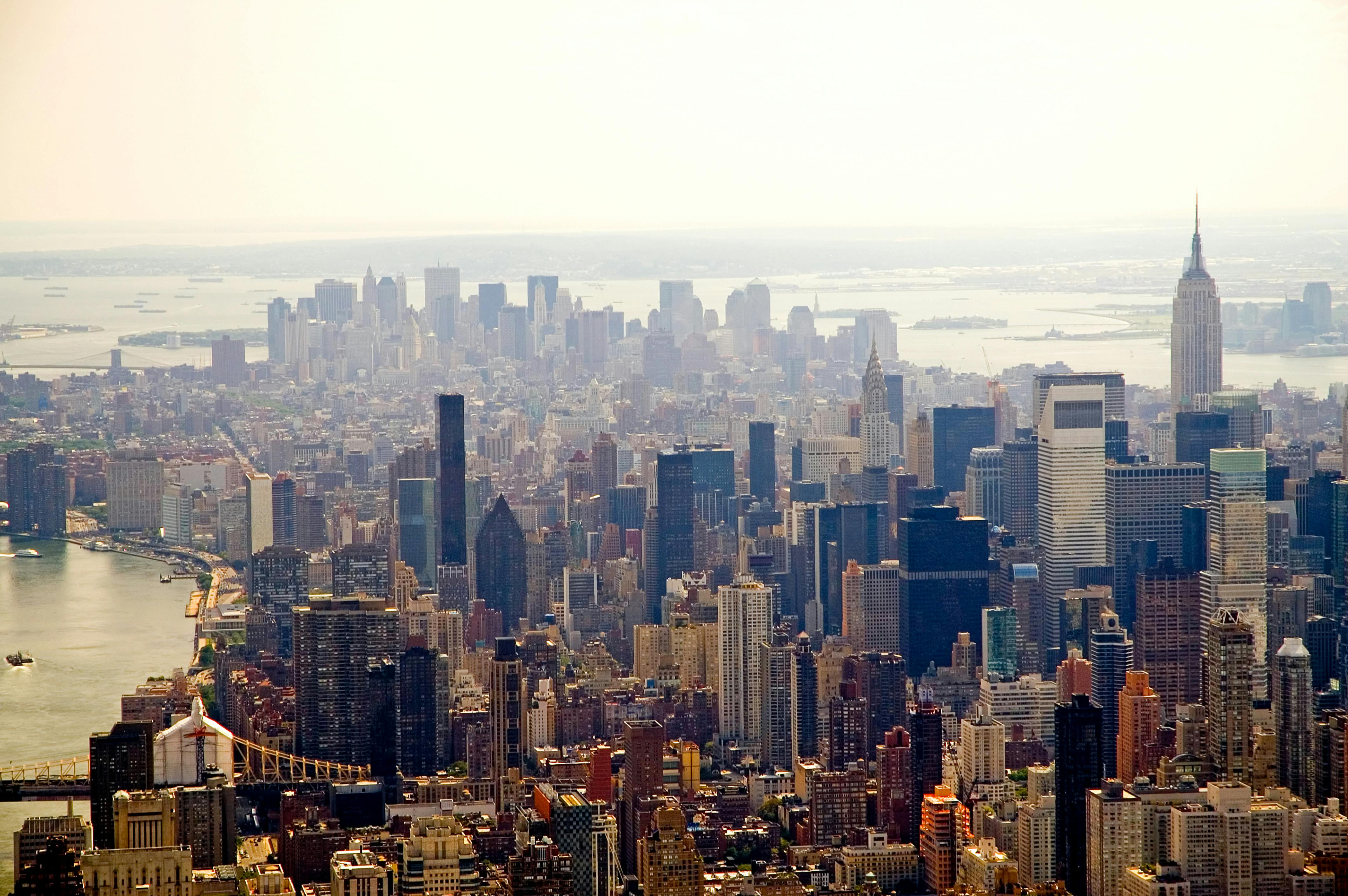 An aerial view of the Manhattan skyline and the Empire State Building in New York City.