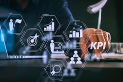 KPI icons and hand touching computer KPI icons and hand touching computer