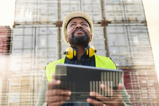 Supply chain logistics, futuristic digital transformation and black man with tablet in shipping industry. Technology software innovation, big data automation and distribution inventory online future.