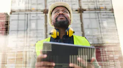 Supply chain logistics, futuristic digital transformation and black man with tablet in shipping industry. Technology software innovation, big data automation and distribution inventory online future.