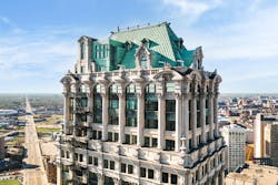 Book Tower, Detroit, Mich. Key rehabilitation efforts included restoring the original copper roof, terracotta ornamentation, and limestone and masonry façade Book Tower, Detroit, Mich. Key rehabilitation efforts included restoring the original copper roof, terracotta ornamentation, and limestone and masonry façade