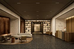 55 Broad Street, New York, N.Y. The entry lobby incorporates existing elements such as terrazzo flooring, but is also adapted to suit the realities of residential use—for instance, a number of elevators have been eliminated given the different demands of office and apartment buildings 55 Broad Street, New York, N.Y. The entry lobby incorporates existing elements such as terrazzo flooring, but is also adapted to suit the realities of residential use—for instance, a number of elevators have been eliminated given the different demands of office and apartment buildings