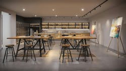 The tower's many social rooms includes this makerspace. The tower's many social rooms includes this makerspace.