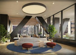 A coworking lounge features natural and artificial lighting. A coworking lounge features natural and artificial lighting.