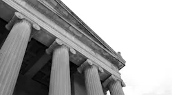 Exterior view of government building Stambaugh Auditorium in Youngstown, Ohio in monochrome