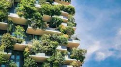Green futuristic skyscraper close-up architecture. Green futuristic skyscraper Bosco Verticale, vertical forest apartment building with gardens on balconies. Modern sustainable architecture in Porta Nuova district, Milan, Italy.