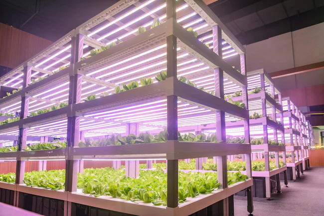 Modern Vertical agriculture indoor farm. Led plant growth lamp used in Facility agriculture,Vertical agriculture,Indoor planting,Plant factory. Mimicking sunlight helps romaine lettuce to carry out photosynthesis