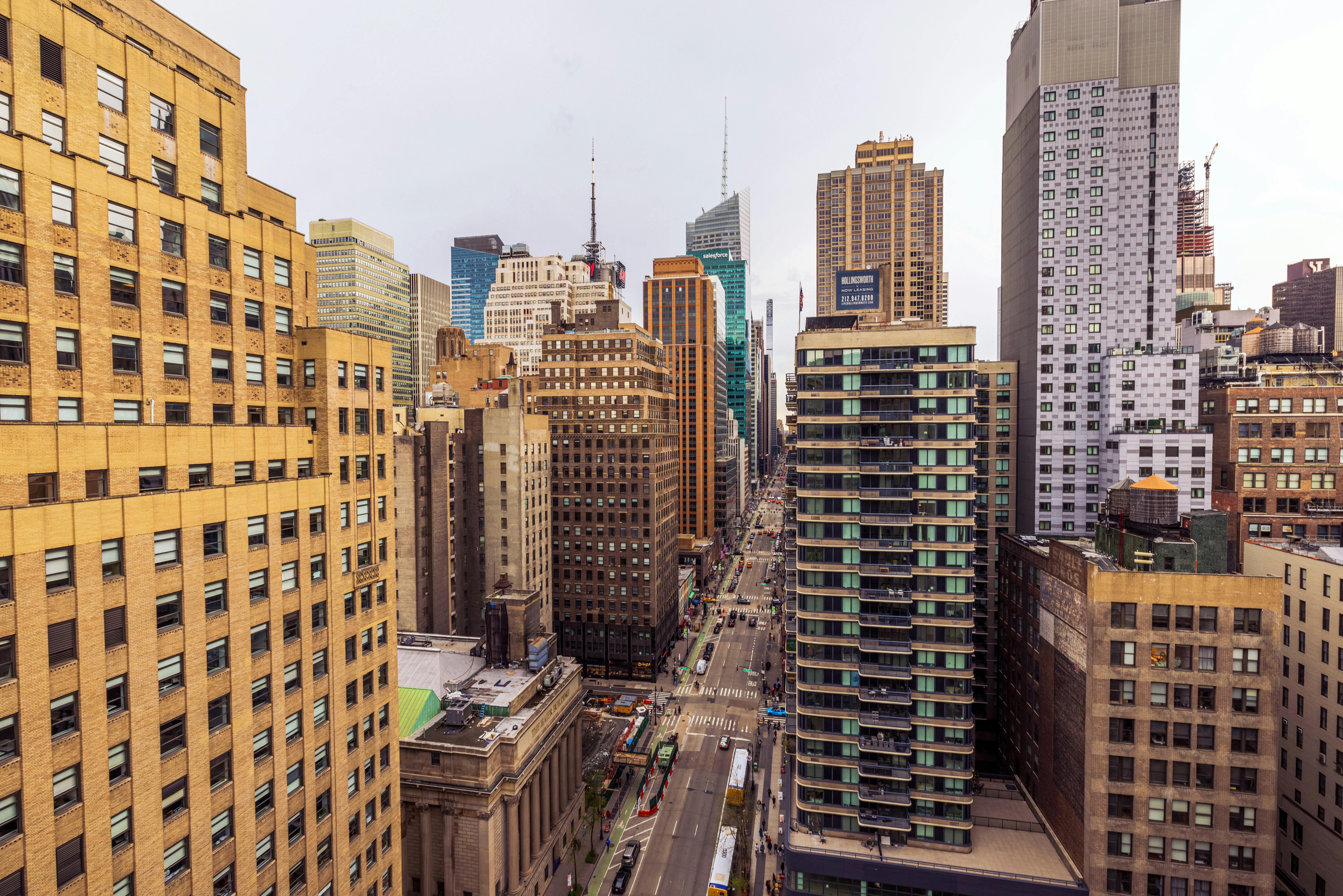 Beautiful landscape view of New York City skyline with high-rise buildings and busy street seen from above. New York. USA.