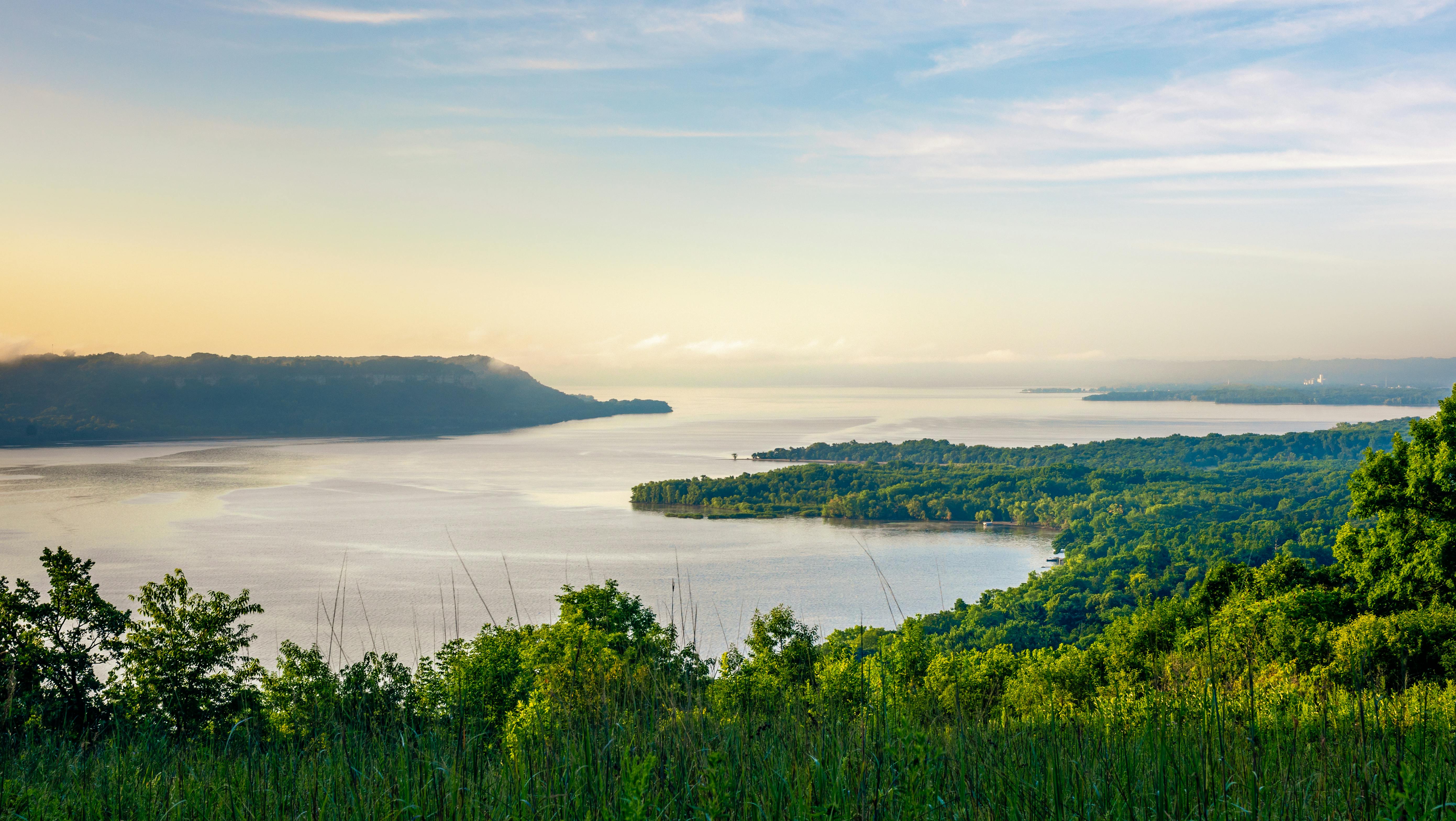 Scenic view of the Mississippi River & Lake Pepin on a summer morning at frontenac state park