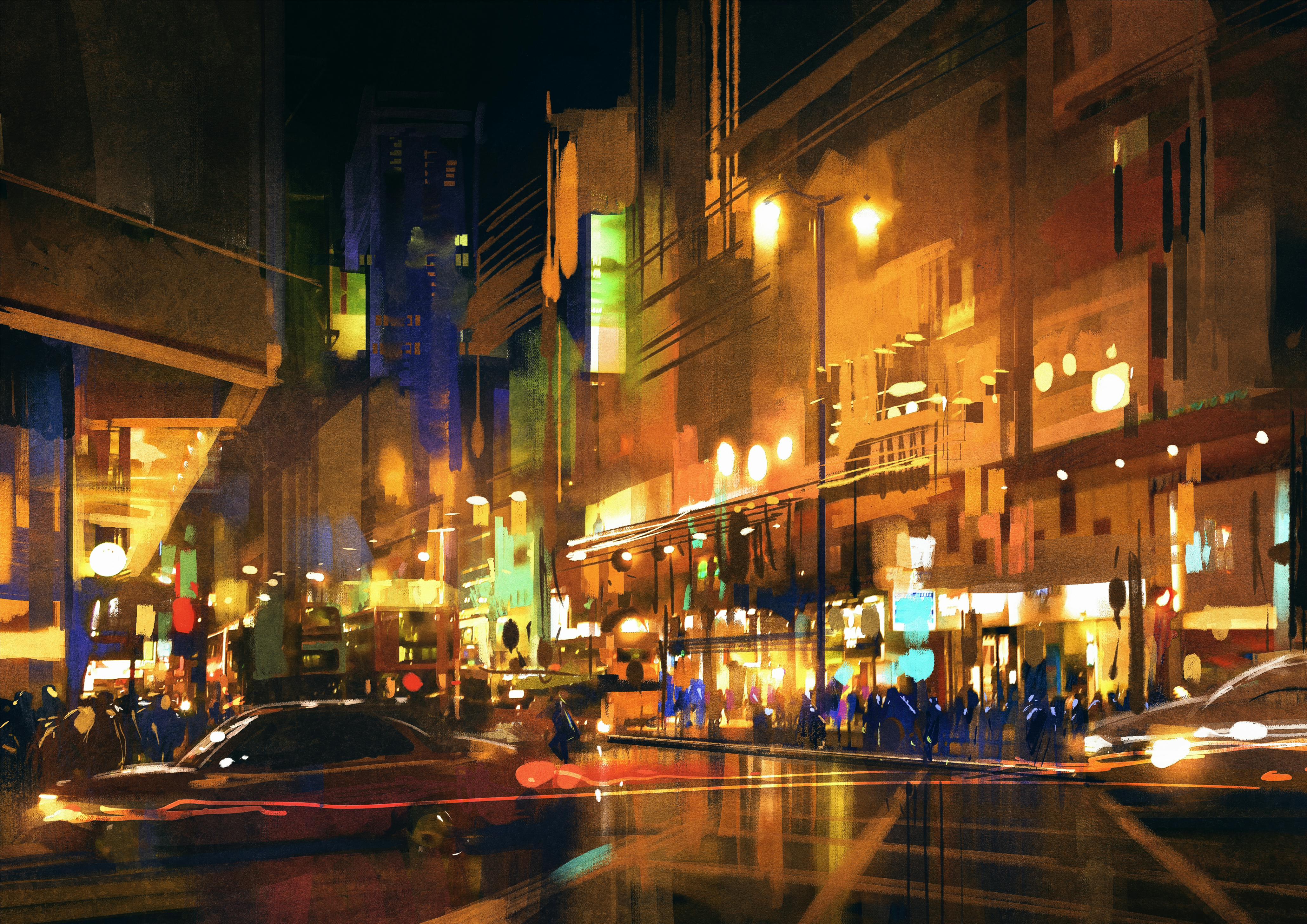City street at night with colorful lights,painting. City street at night with colorful lights,illustration,digital painting