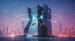 Futuristic ai building with digital network in cityscape during twilight. AI generated Futuristic ai building with digital network in cityscape during twilight. AI generated