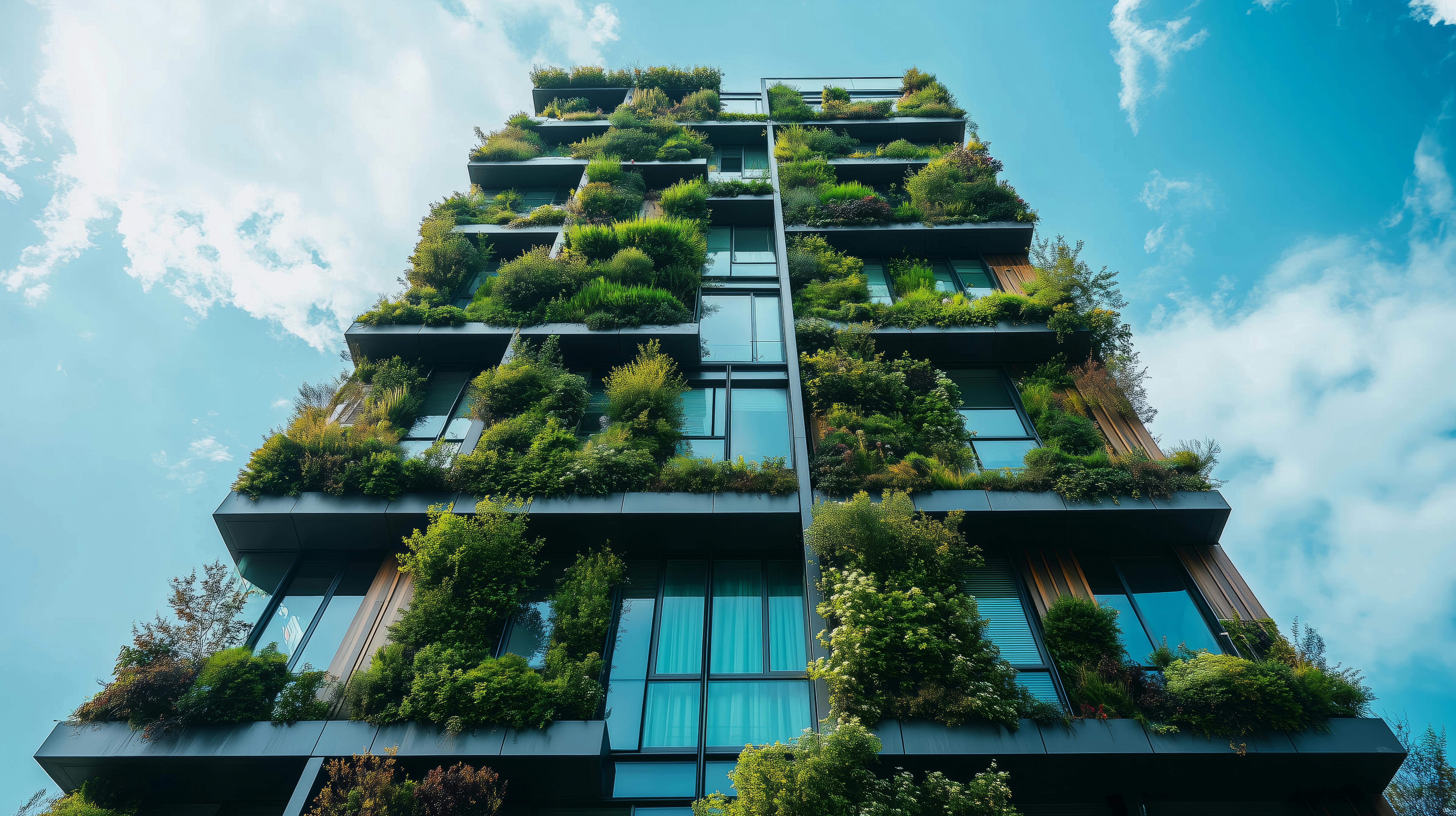 Innovative sustainable building adorned with lush greenery under a vibrant sky