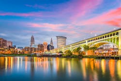 Cleveland, Ohio, USA downtown city skyline on the Cuyahoga River at twilight. Cleveland, Ohio, USA downtown city skyline on the Cuyahoga River at twilight.