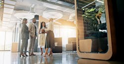 Lobby, talking and business people in office for coworking space for collaboration, teamwork and discussion. Professional, corporate and men and women in meeting with cubicle for private workspace. Lobby, talking and business people in office for coworking space for collaboration, teamwork and discussion. Professional, corporate and men and women in meeting with cubicle for private workspace.