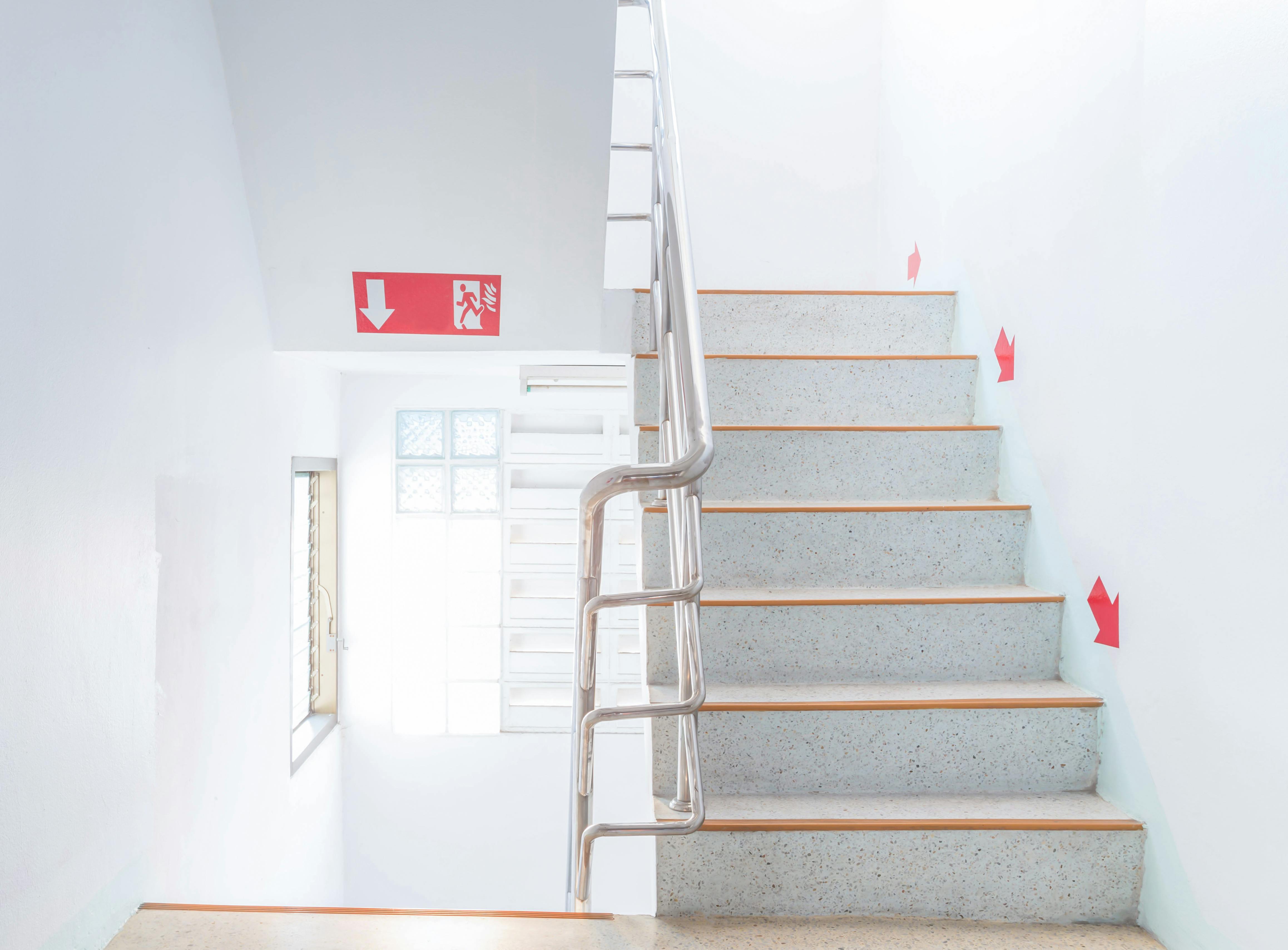 Stairwell fire escape in a modern building.