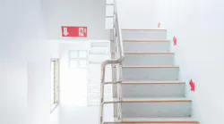 Stairwell fire escape in a modern building.