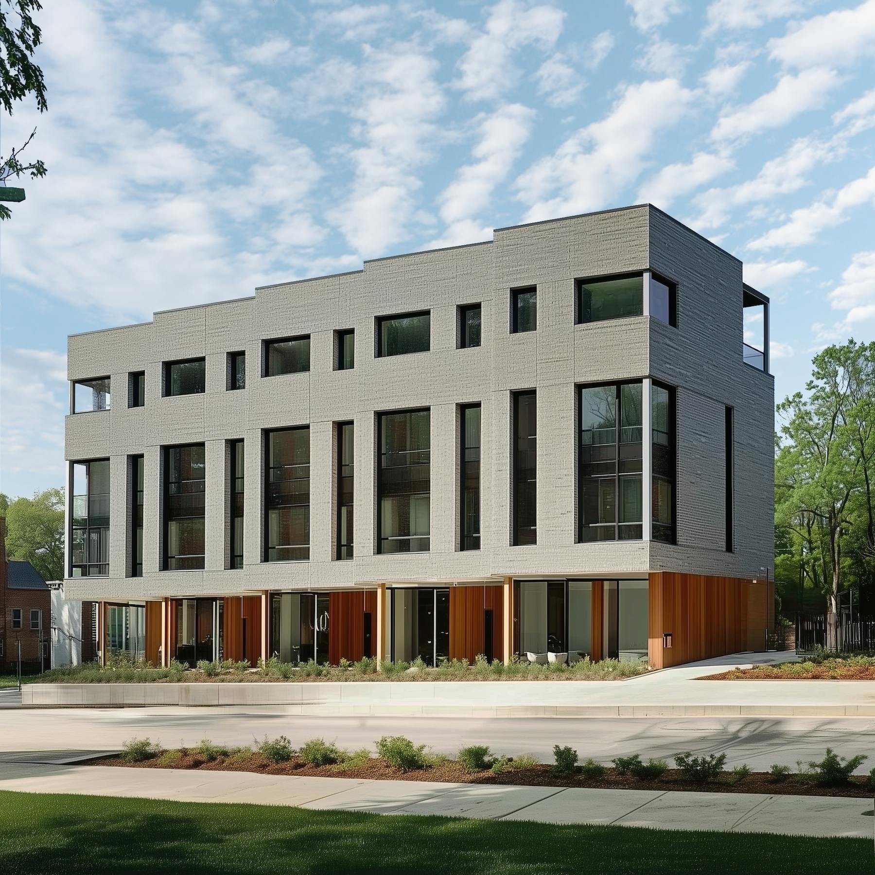 A rendering of the Ralph David Abernathy Row Houses in Atlanta, which Cove Architecture designed in 15 days. This multifamily project includes 15 row houses, each outfitted with smart home technologies and sustainability features.