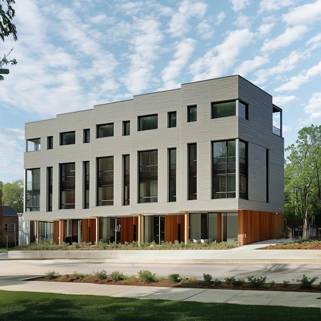 A rendering of the Ralph David Abernathy Row Houses in Atlanta, which Cove Architecture designed in 15 days. This multifamily project includes 15 row houses, each outfitted with smart home technologies and sustainability features.