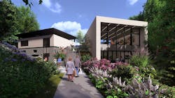 View from the site's accessible path, back to the ticketing and administration building (left) and the Clarissa S. Nye Visitor Center (right). Courtesy GWWO View from the site's accessible path, back to the ticketing and administration building (left) and the Clarissa S. Nye Visitor Center (right). Courtesy GWWO