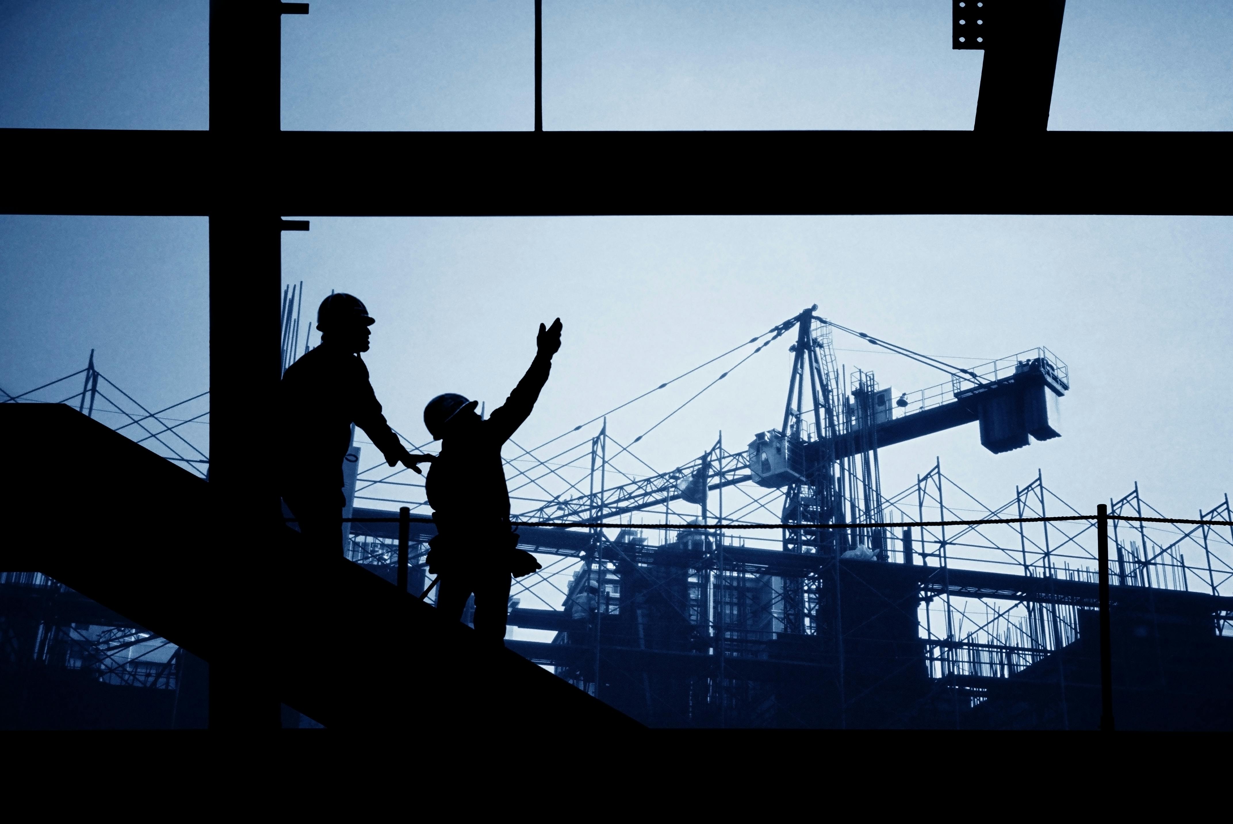 Construction site silhouette people, business, crane, design by architecture. Construction site silhouette with crane and workers.