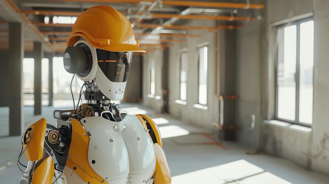 Robot with Hard Hat in Construction Site generated with AI. a view of Robot with Hard Hat in Construction Site. AI image illustration.