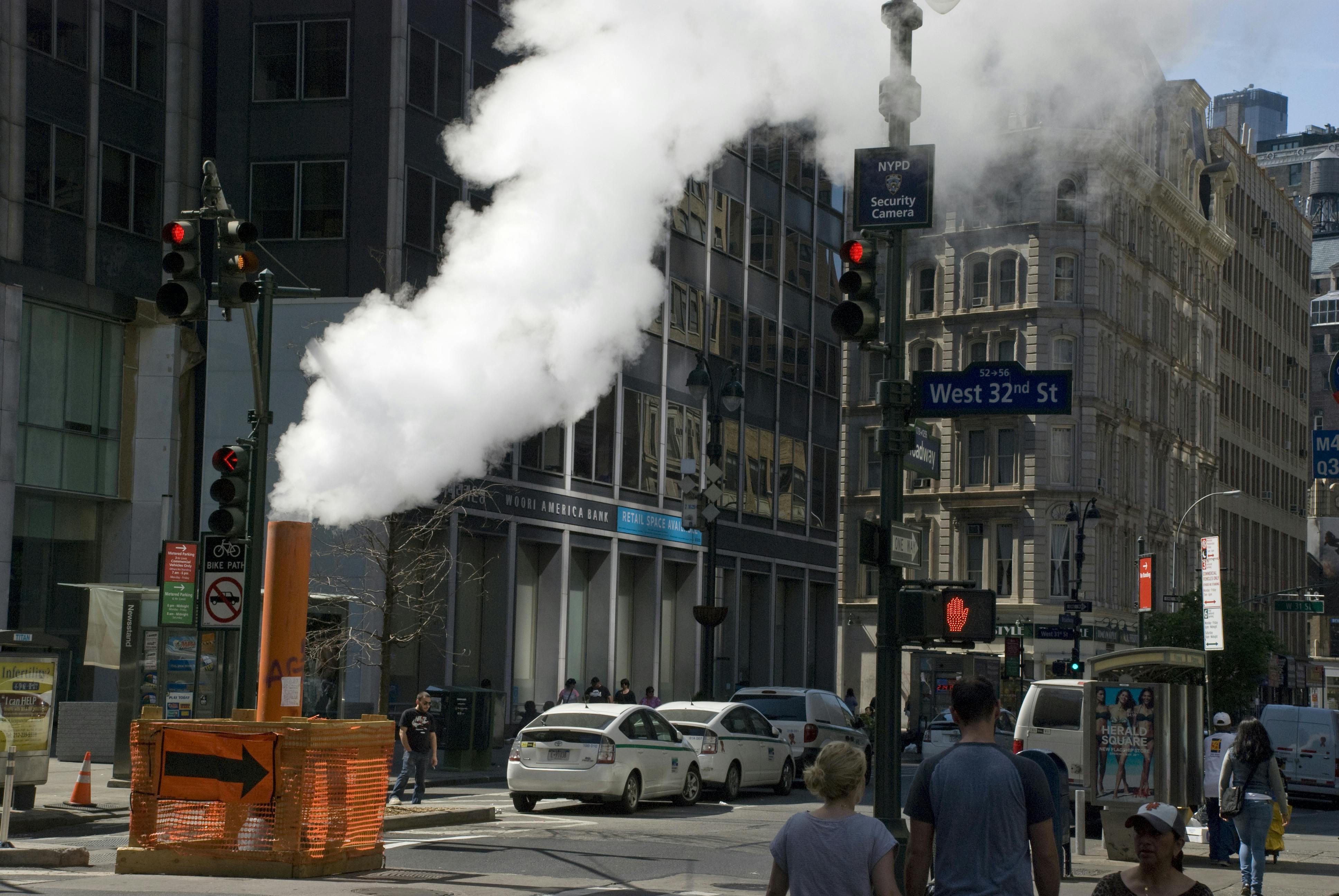 Steam on the streets of New York City, Manhattan, in May 2015