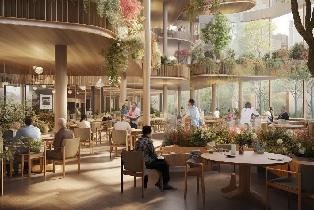 This imagined social hub is a vibrant and nature-enriched area within a facility, designed for engaging social activities among older residents. (Image generated by Midjourney). AI rendering courtesy CannonDesign