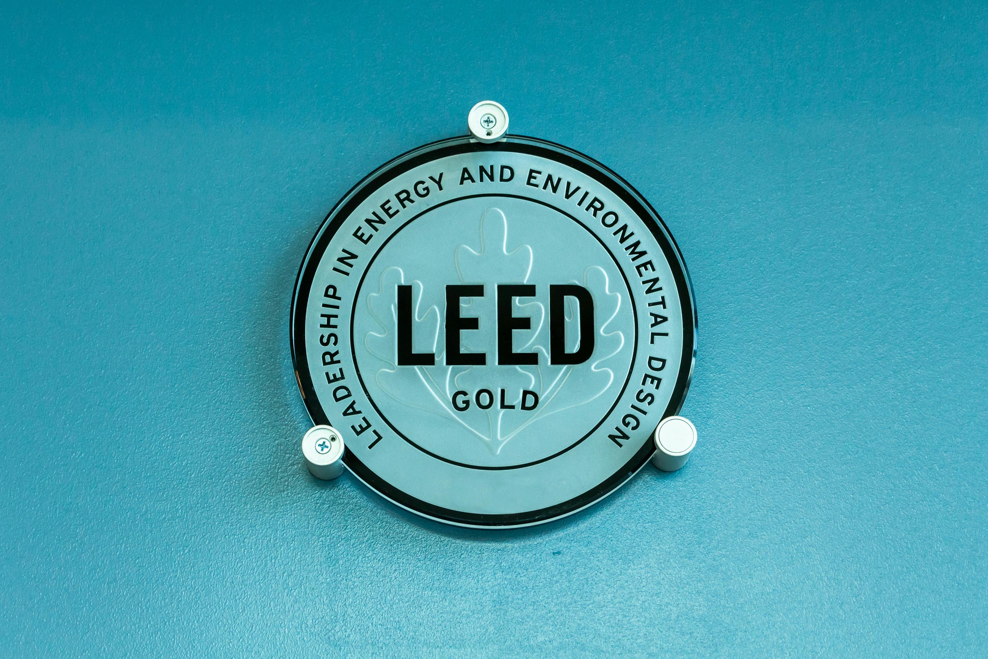 LEED Leadership in Energy and Environmental Design Gold level certification sign inside building - Davie, Florida, USA