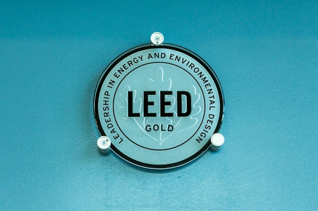 LEED Leadership in Energy and Environmental Design Gold level certification sign inside building - Davie, Florida, USA