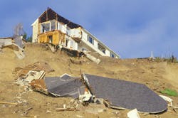A home in Pacific Palisades partially fallen down a hill as a result of the Northridge earthquake in 1994 A home in Pacific Palisades partially fallen down a hill as a result of the Northridge earthquake in 1994