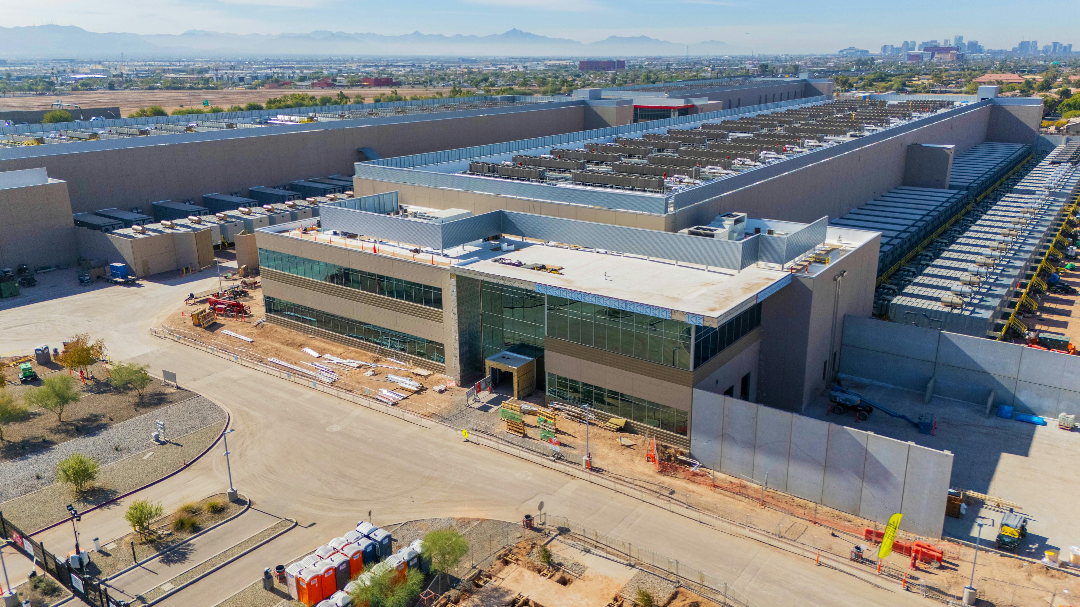 Aerial view of a data center under construction. An aerial View of the Qts Data Center in Central Phoenix Under Construction