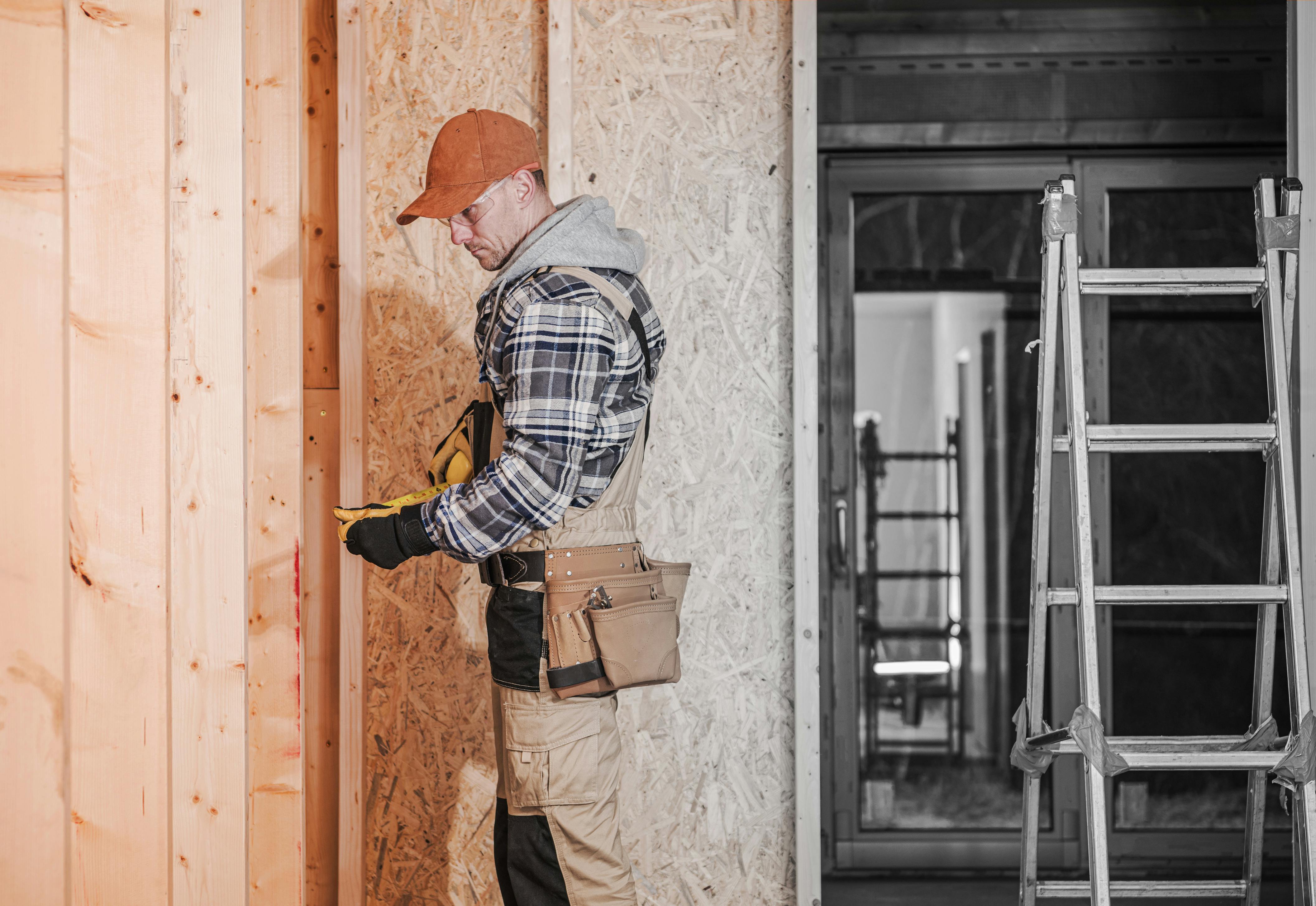 General Contractor at Construction Site. Caucasian General Contractor at Wooden Residential House Construction Site. Industrial Theme