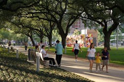 Discovery Green in Houston transformed a former parking lot into a vibrant, accessible green space, fostering community and sustainability. Photo © Jim Olive Discovery Green in Houston transformed a former parking lot into a vibrant, accessible green space, fostering community and sustainability. Photo © Jim Olive