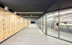 At the jogging track, decorative fritting was added to the fire-resistive walls to prevent collisions while maintaining openness. Photo credit: Davis Brody Bond | KieranTimberlake At the jogging track, decorative fritting was added to the fire-resistive walls to prevent collisions while maintaining openness. Photo credit: Davis Brody Bond | KieranTimberlake