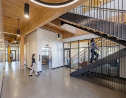 A hallway in the University Services Building at Chico State showcases mass timber interiors. A hallway in the University Services Building at Chico State showcases mass timber interiors.