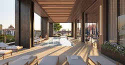 The pool area at The Edison is framed by mass timber components. The pool area at The Edison is framed by mass timber components.