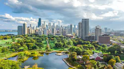 Chicago skyline aerial drone view from above, lake Michigan and city of Chicago downtown skyscrapers cityscape from Lincoln park, Illinois, USA Chicago skyline aerial drone view from above, lake Michigan and city of Chicago downtown skyscrapers cityscape from Lincoln park, Illinois, USA