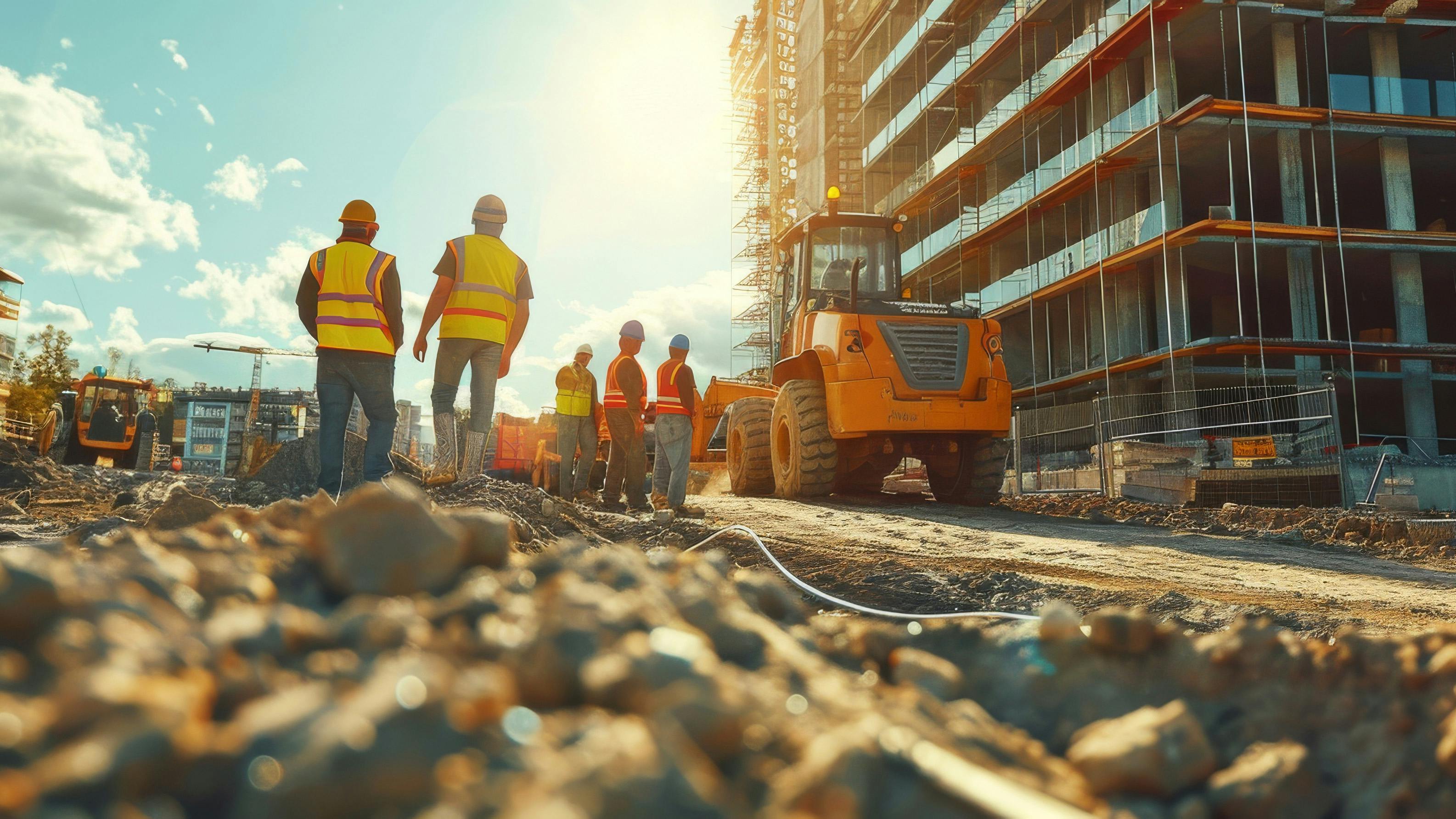 Diverse team of construction workers on development site at sunset. A diverse team of construction workers is captured in action on a building development site. The setting sun lights up the construction machinery and the developing structure in the background. AI generated
