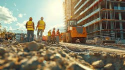 Diverse team of construction workers on development site at sunset. A diverse team of construction workers is captured in action on a building development site. The setting sun lights up the construction machinery and the developing structure in the background. AI generated Diverse team of construction workers on development site at sunset. A diverse team of construction workers is captured in action on a building development site. The setting sun lights up the construction machinery and the developing structure in the background. AI generated
