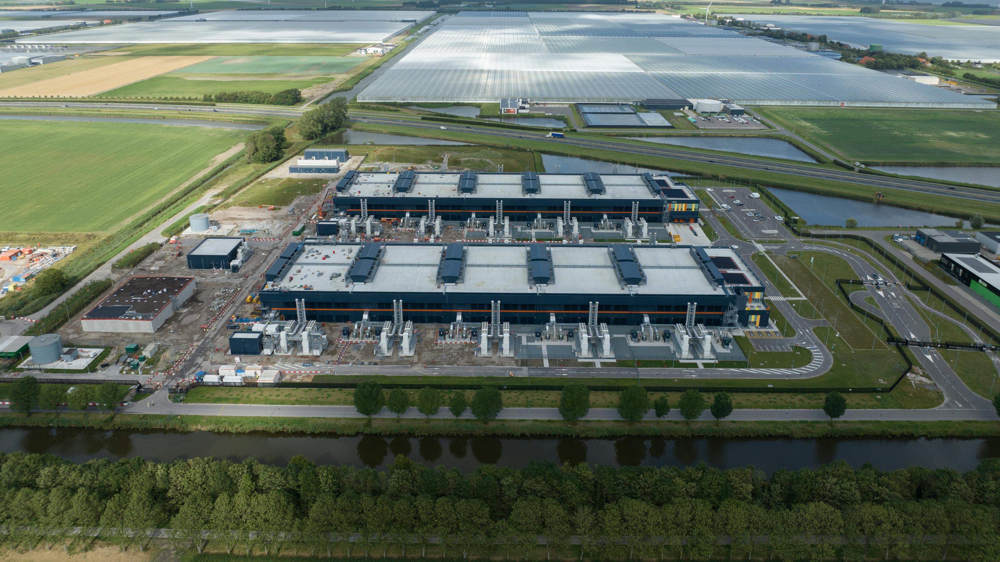 Data center in Middenmeer, Agriport. Birds eye view. Information technology Infrastructure.