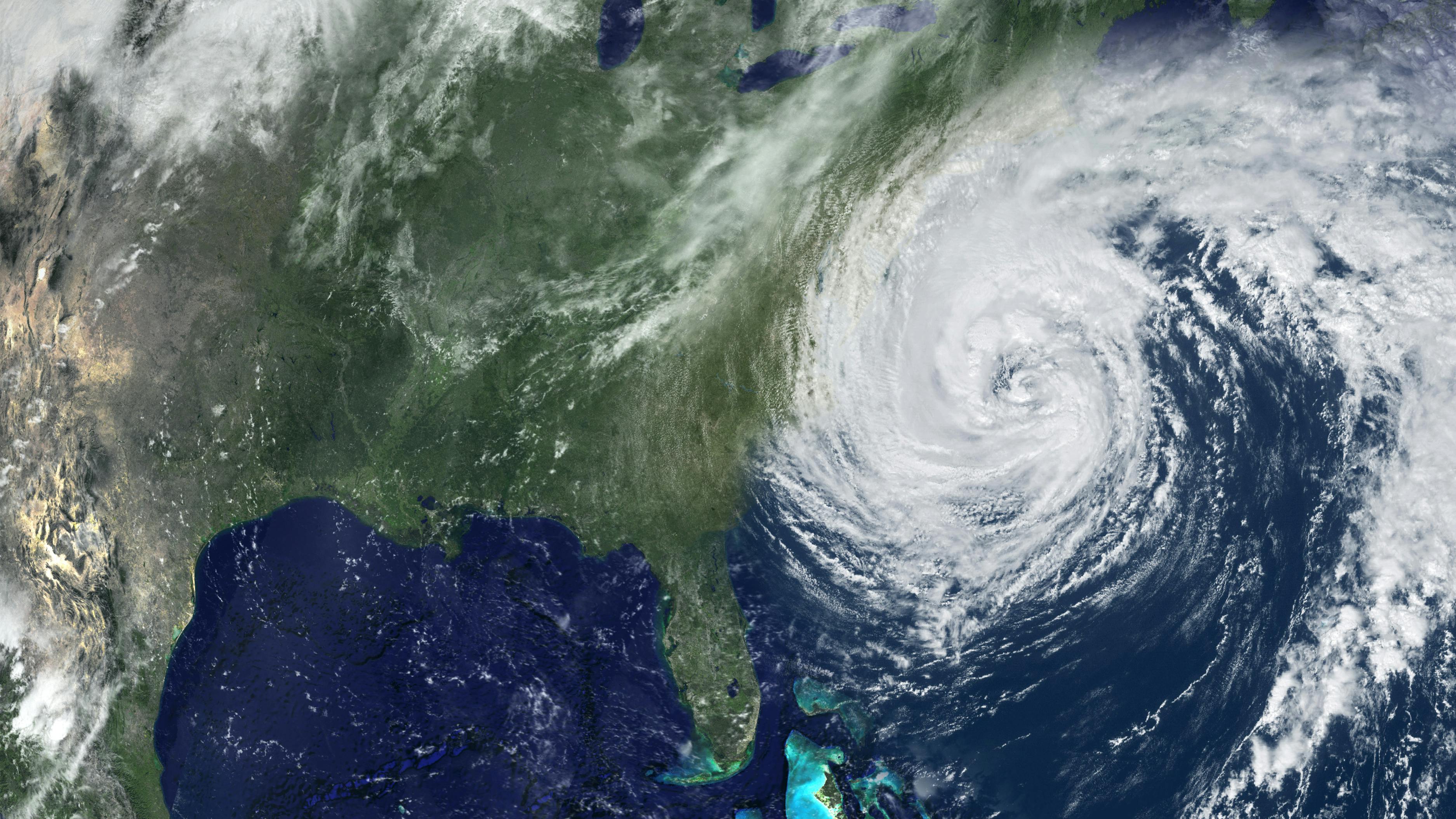 Satellite, Florida, Hurricane, Weather, Storm. Composite image from NASA and 3D software. A hurricane storm batters the east coast of America near Florida. Satellite weather view of the planet Earth. Nice background.