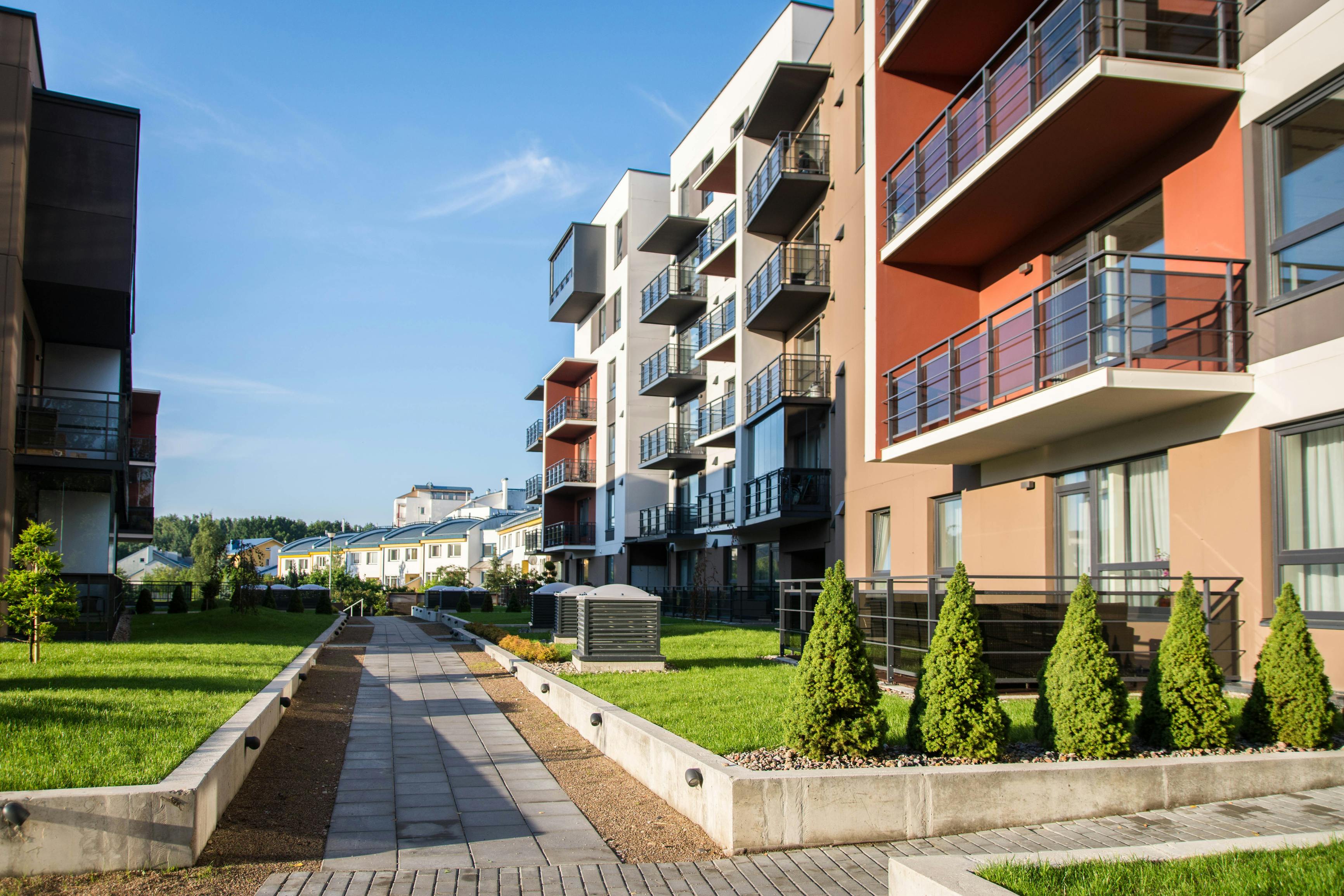 New modern apartment complex in Vilnius, Lithuania, modern low rise european building complex with outdoor facilities.