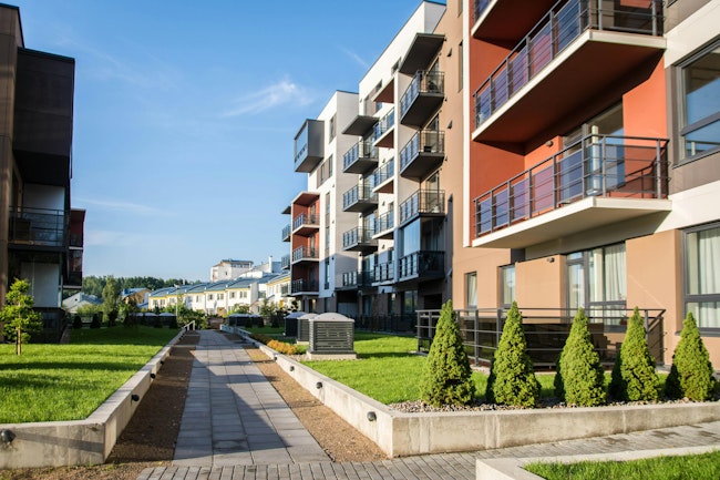 New modern apartment complex in Vilnius, Lithuania, modern low rise european building complex with outdoor facilities.