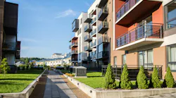New modern apartment complex in Vilnius, Lithuania, modern low rise european building complex with outdoor facilities.