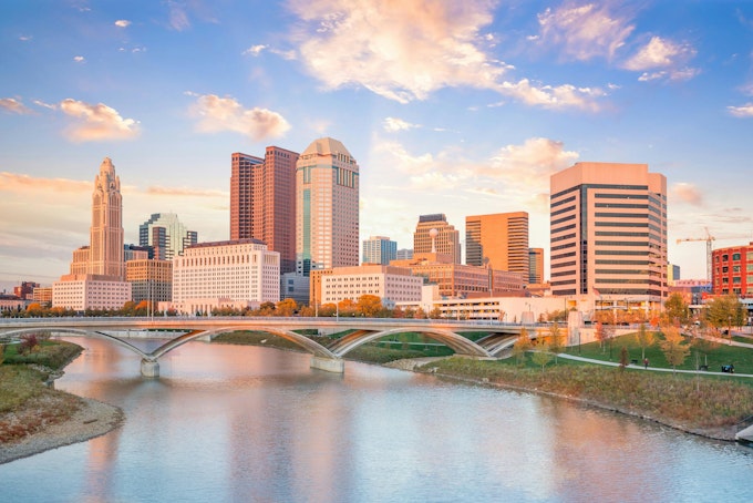 View of downtown Columbus Ohio Skyline at Sunset in USA