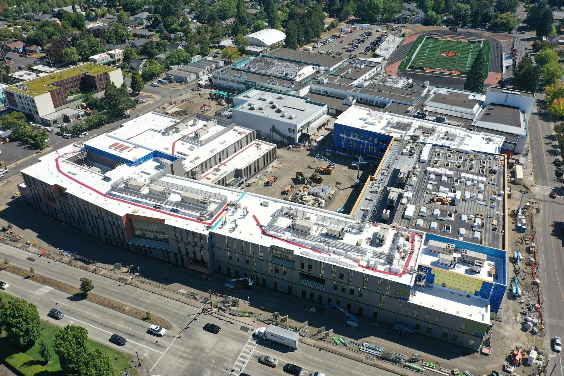 An aerial view of the under-construction high school in Beaverton, Ore., which this town's school district is touting as a K-12 model for resilient design.