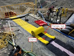 In-progress positive-side installation of a fully vulcanized rubber EJS on a tunnel roof. Components may vary by manufacturer In-progress positive-side installation of a fully vulcanized rubber EJS on a tunnel roof. Components may vary by manufacturer